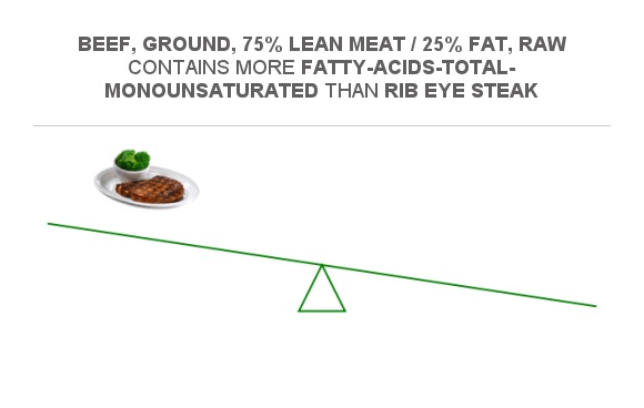 Compare Monounsaturated Fat In Rib Eye Steak To Monounsaturated Fat In Beef Ground 75 Lean 