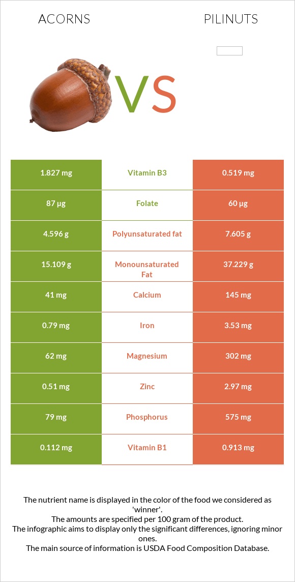 Acorns vs Pili nuts infographic