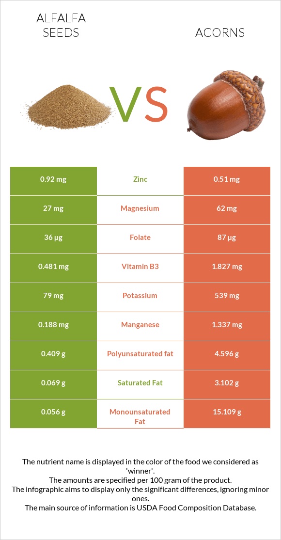 Alfalfa seeds vs Acorns infographic