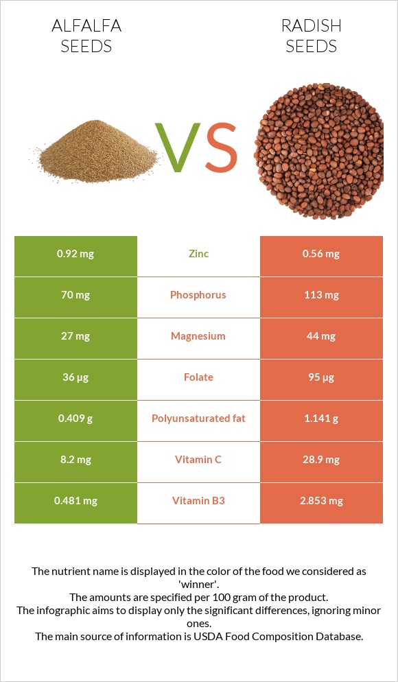 Առվույտի սերմեր vs Radish seeds infographic