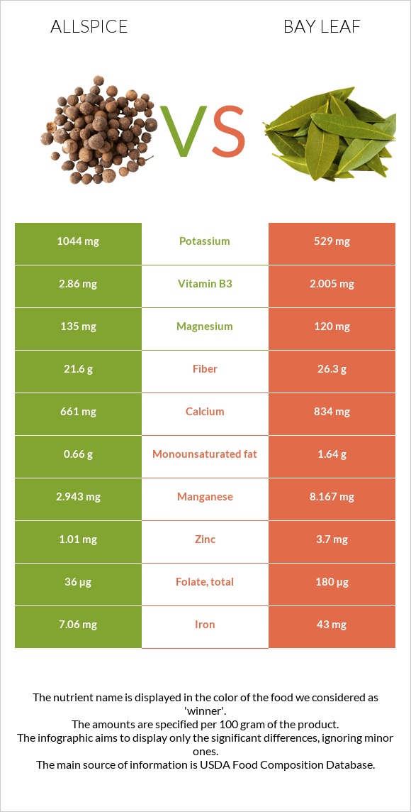 Allspice vs Bay leaf infographic