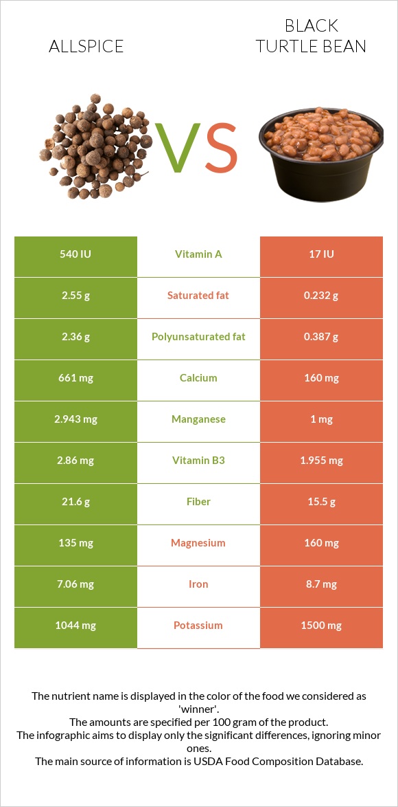 Allspice vs Black turtle bean infographic