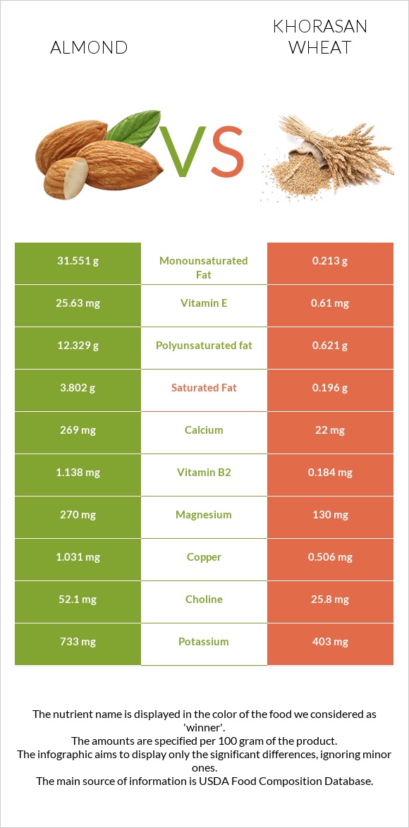 Almond vs Khorasan wheat infographic