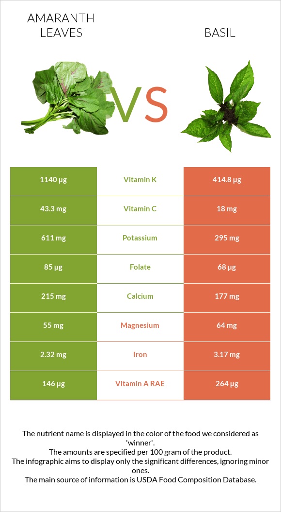 Amaranth leaves vs Basil infographic