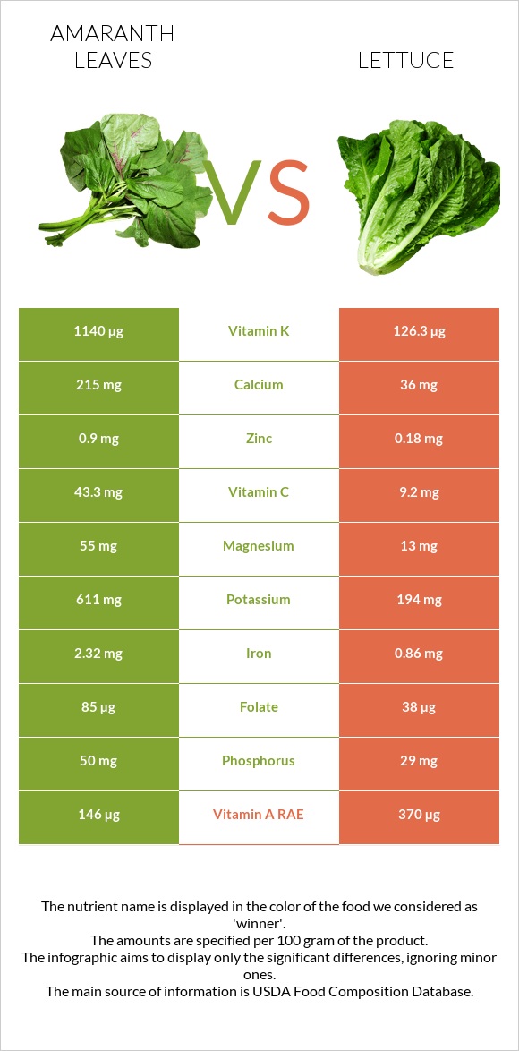 Amaranth leaves vs Lettuce infographic