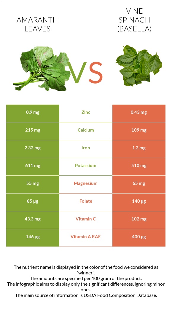 Amaranth leaves vs Vine spinach (basella) infographic