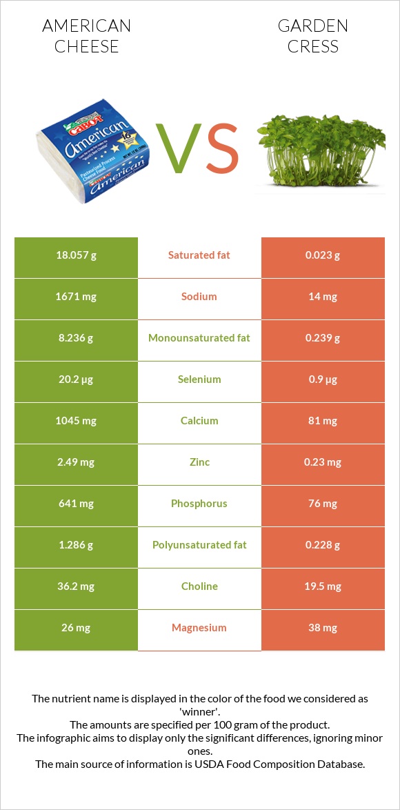 American cheese vs Garden cress infographic