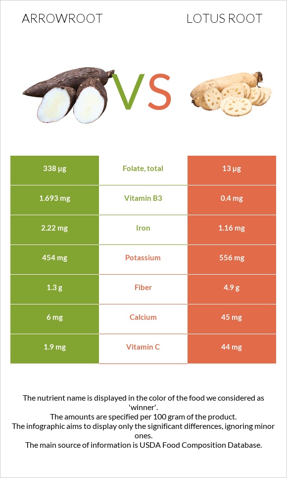 Arrowroot vs Lotus root infographic