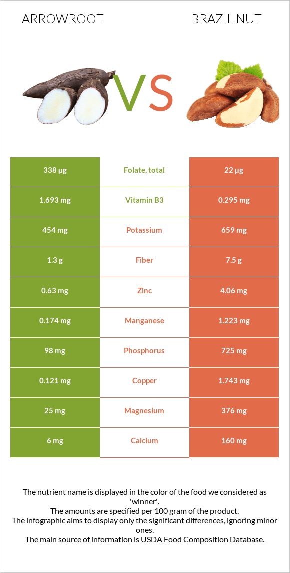 Arrowroot vs Brazil nut infographic