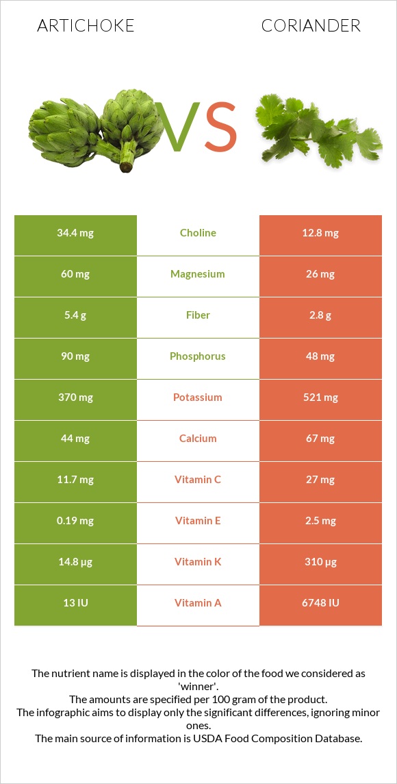 Artichoke vs Coriander infographic