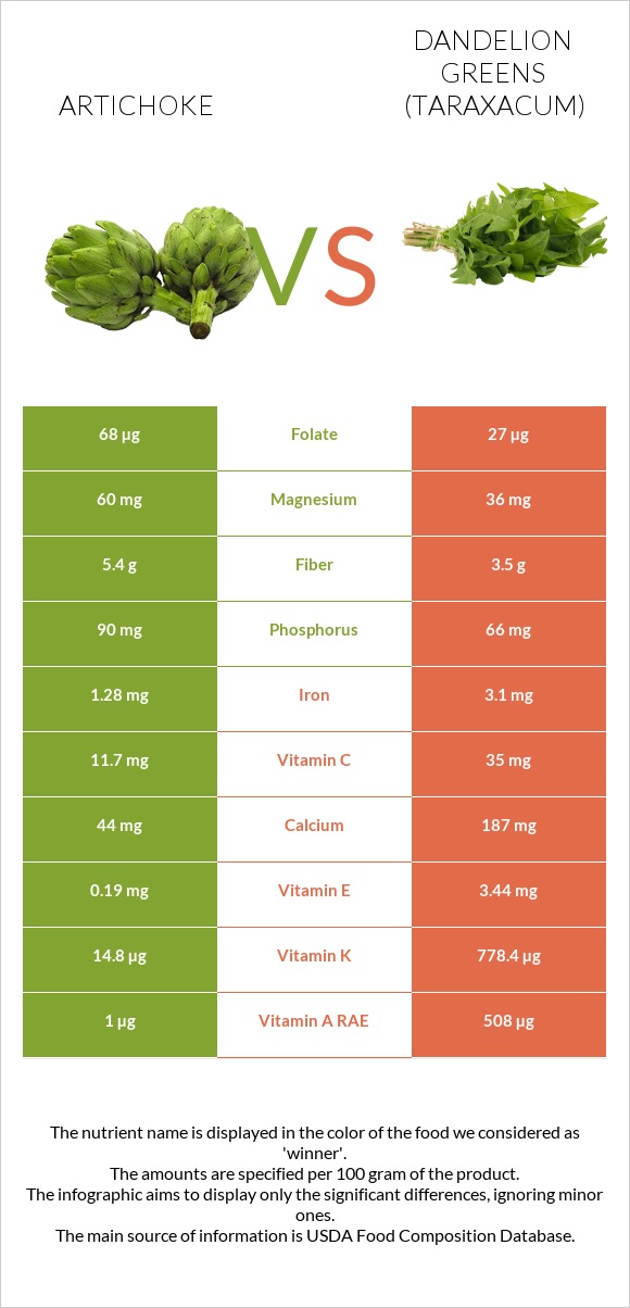 Artichoke vs Dandelion greens infographic