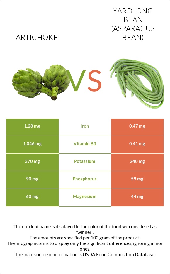 Artichoke vs Yardlong bean (Asparagus bean) infographic