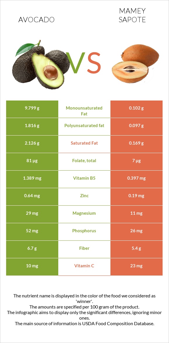 Avocado vs Mamey Sapote infographic