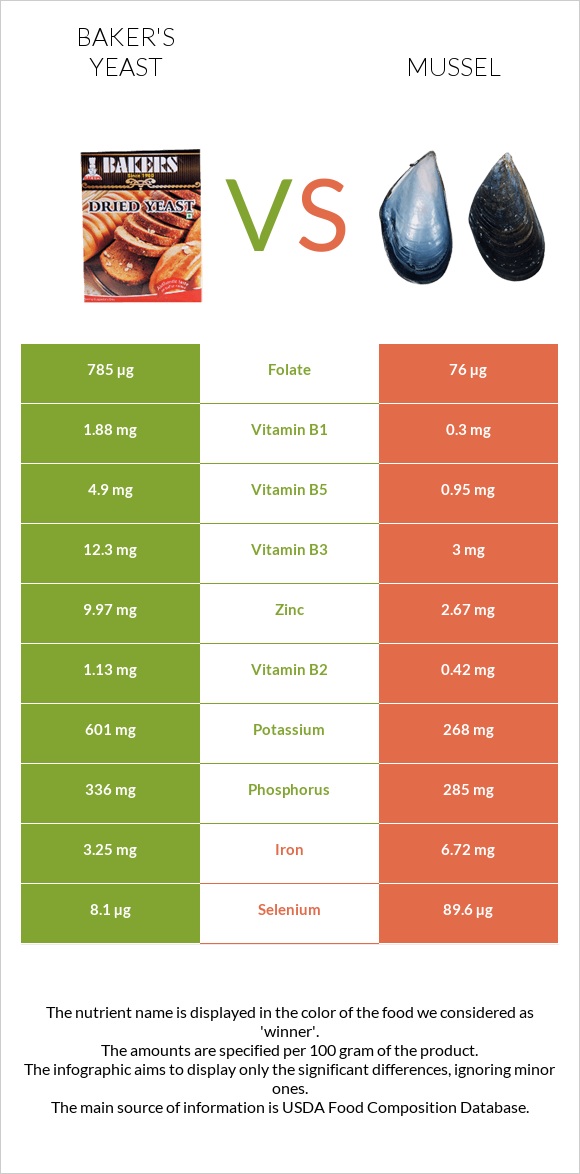 Baker's yeast vs Mussels infographic