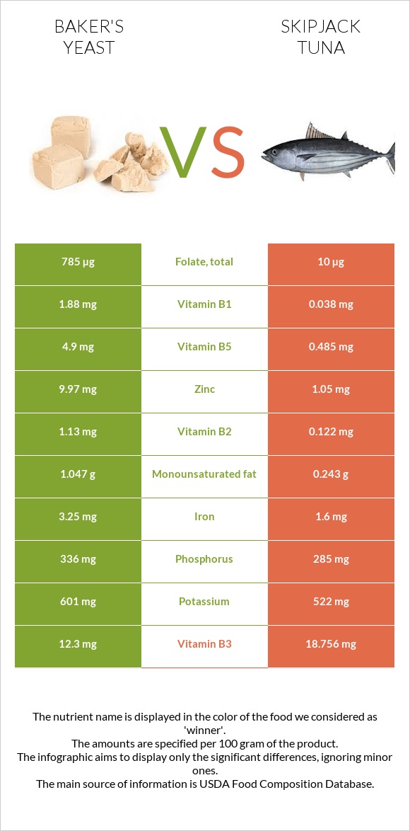 Բեյքերի խմորիչ vs Գծավոր թունա infographic