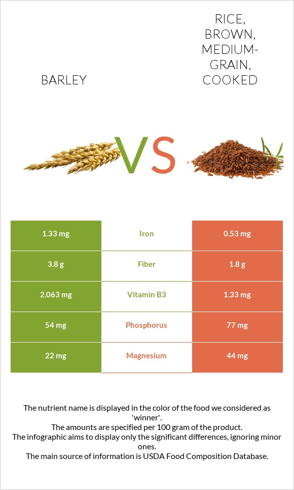 Barley vs Rice, brown, medium-grain, cooked infographic