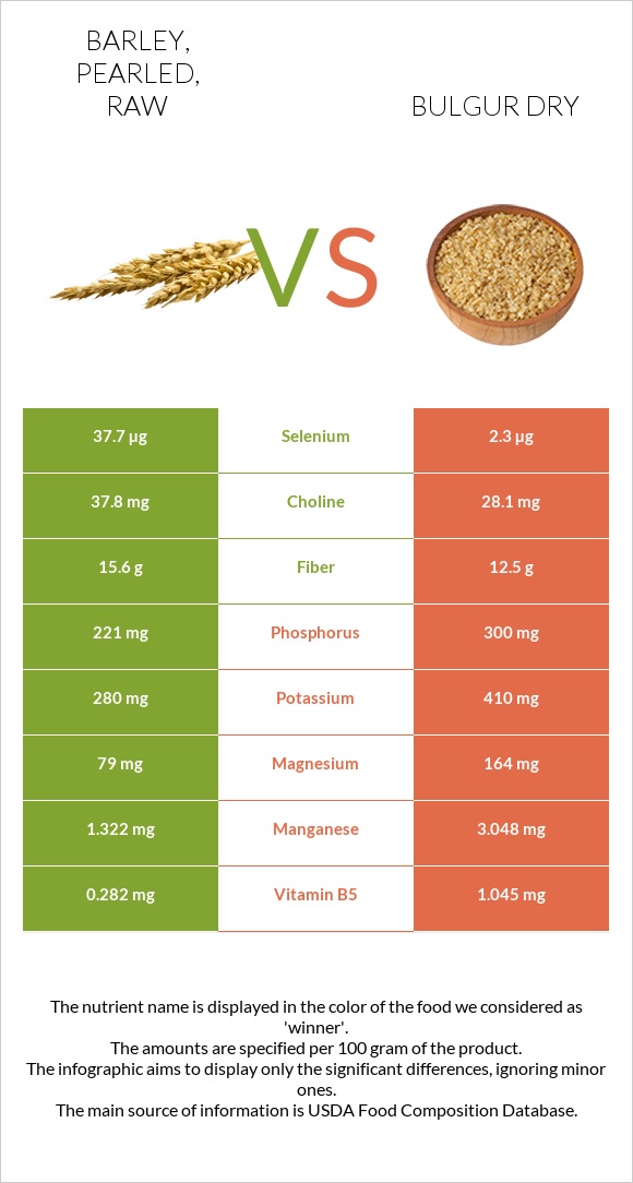 Barley, pearled, raw vs Bulgur dry infographic