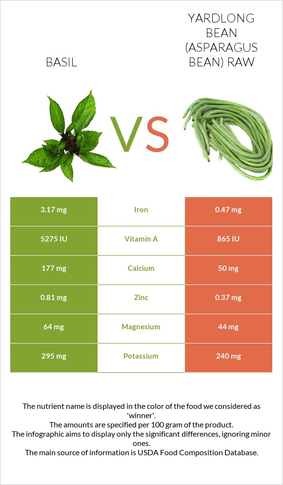 Basil vs Yardlong bean (Asparagus bean) raw infographic