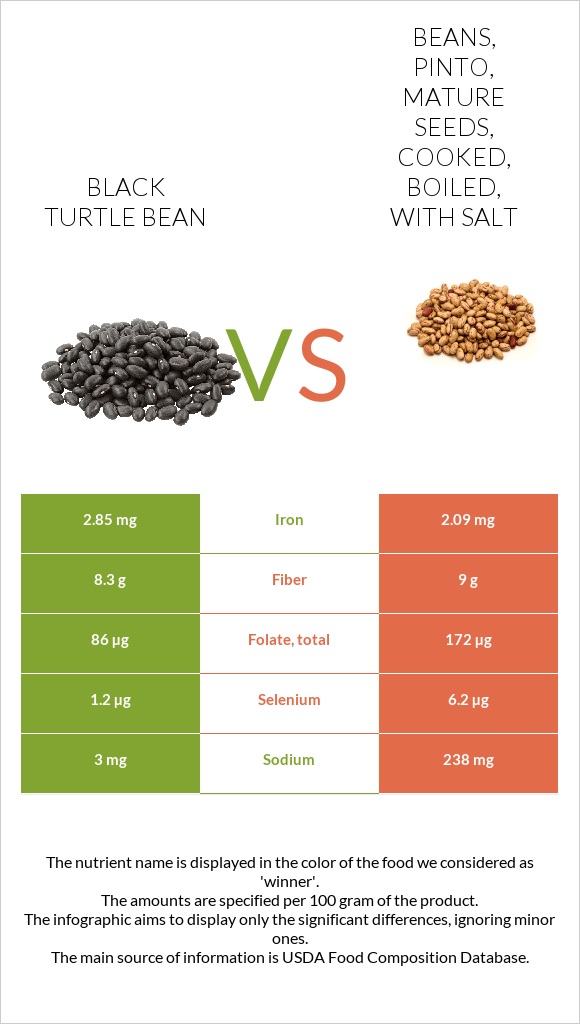 Black turtle bean vs Beans, pinto, mature seeds, cooked, boiled, with salt infographic