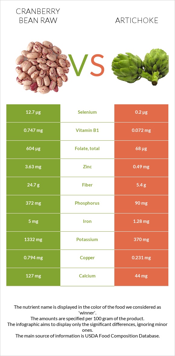 Cranberry bean raw vs Artichoke infographic