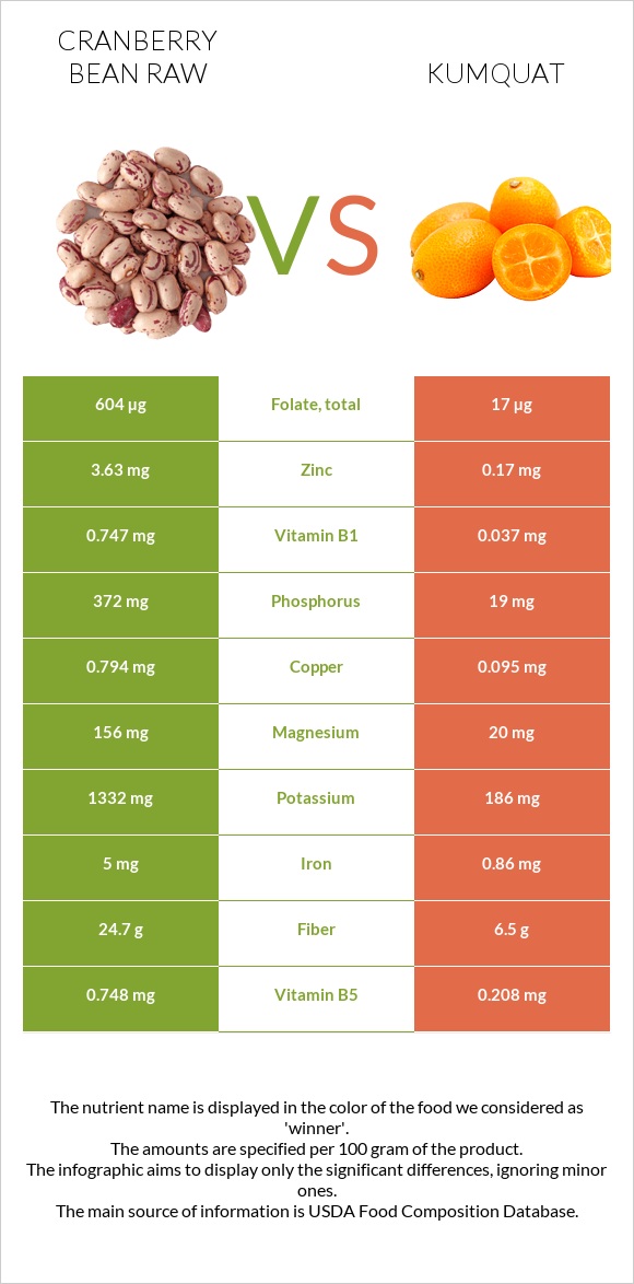 Cranberry bean raw vs Kumquat infographic