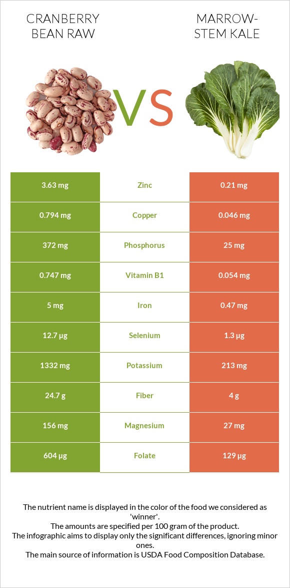 Cranberry bean raw vs Marrow-stem Kale infographic