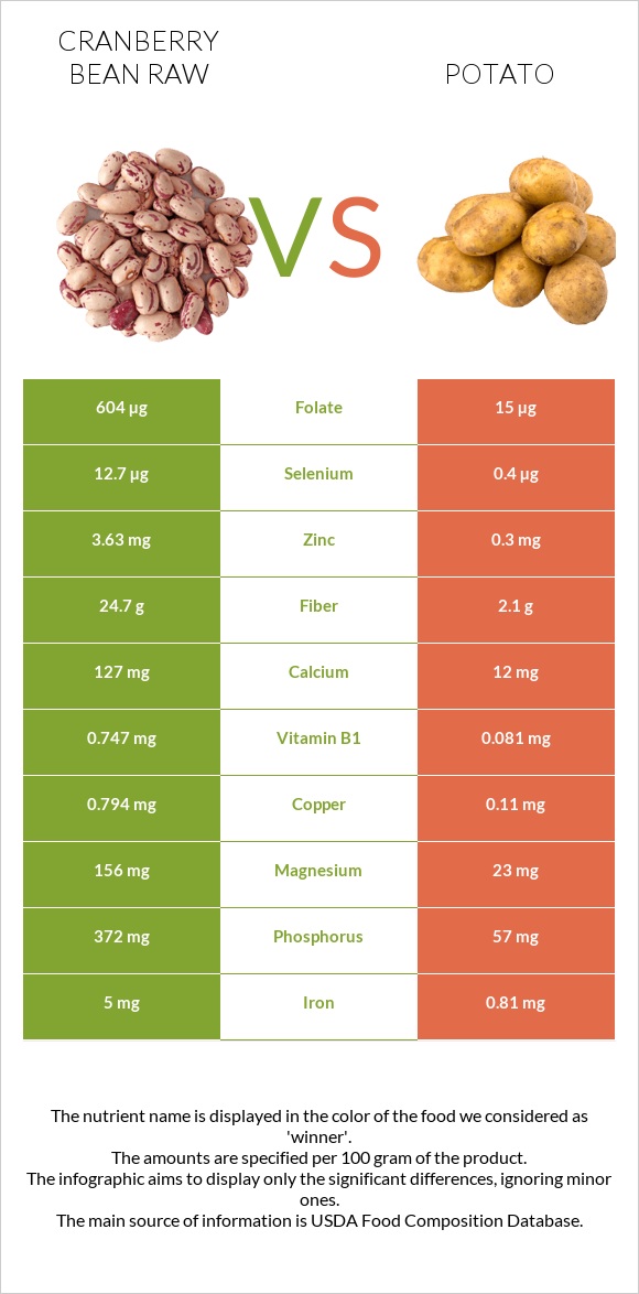 Cranberry bean raw vs Potato infographic