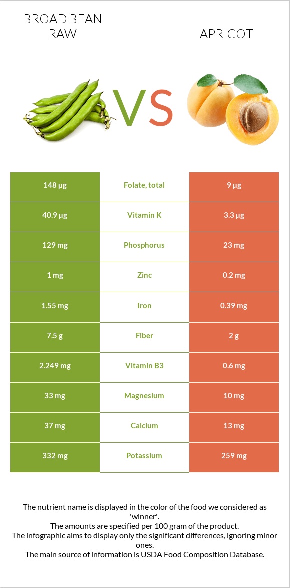 Broad bean raw vs Apricot infographic