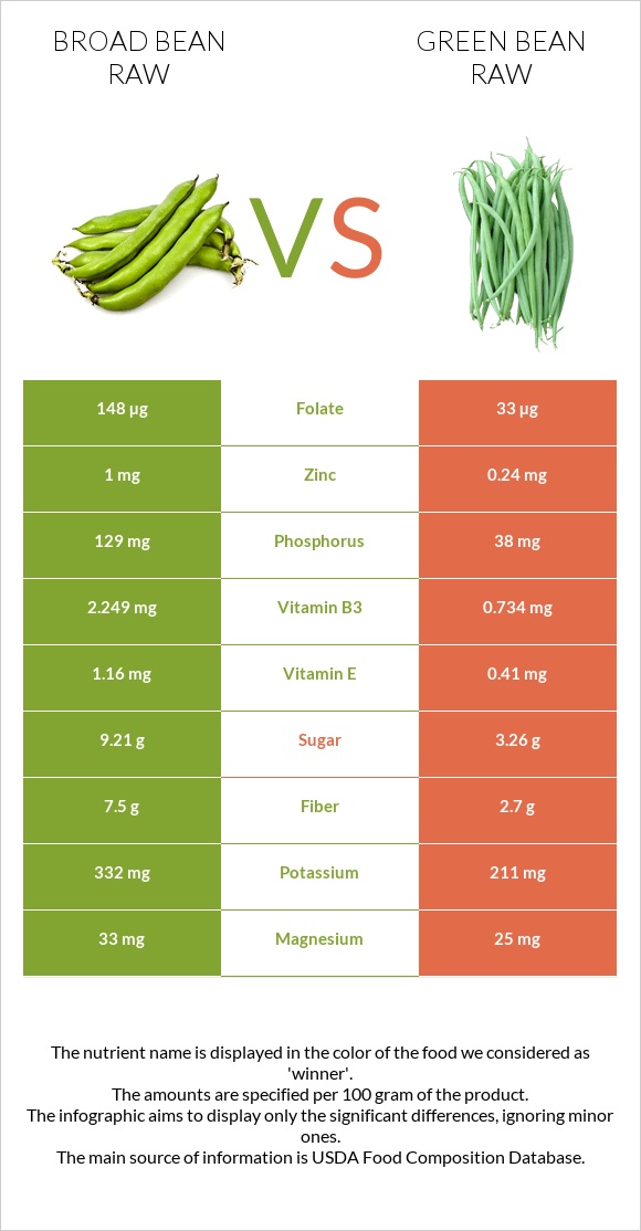 Broad bean raw vs Green bean raw infographic