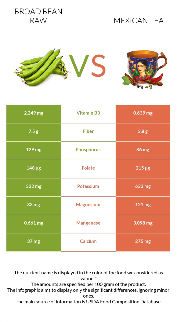 Broad bean raw vs Mexican tea infographic