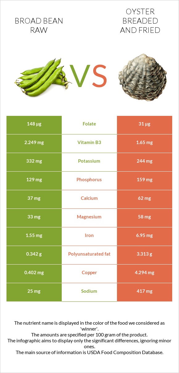 Broad bean raw vs Oyster breaded and fried infographic