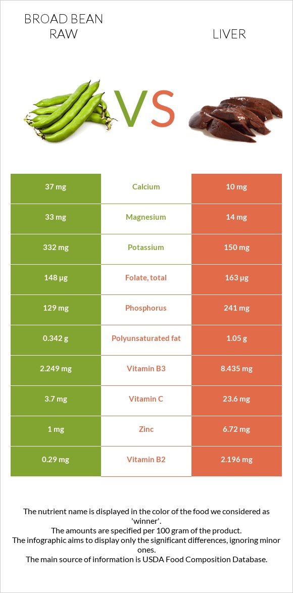 Broad bean raw vs Liver infographic