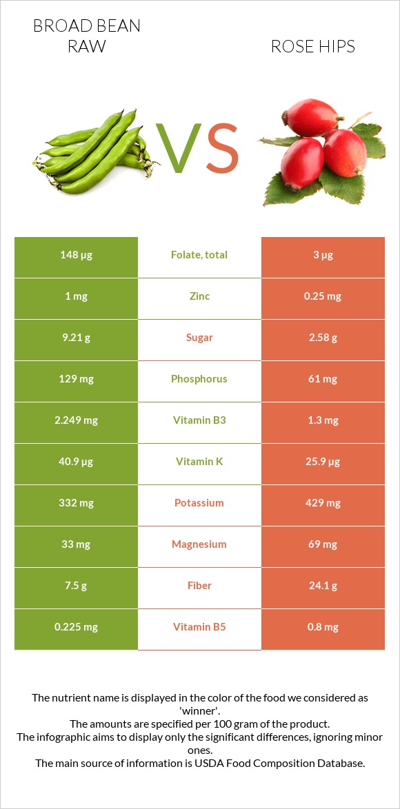 Broad bean raw vs Rose hips infographic