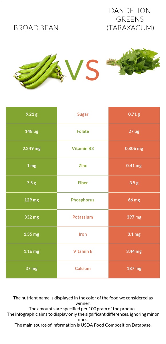 Broad bean vs Dandelion greens infographic