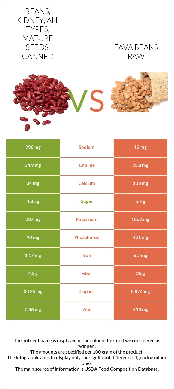 Beans, kidney, all types, mature seeds, canned vs Fava beans infographic