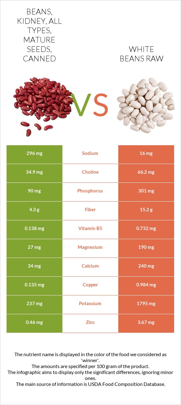 Beans, kidney, all types, mature seeds, canned vs White beans raw infographic