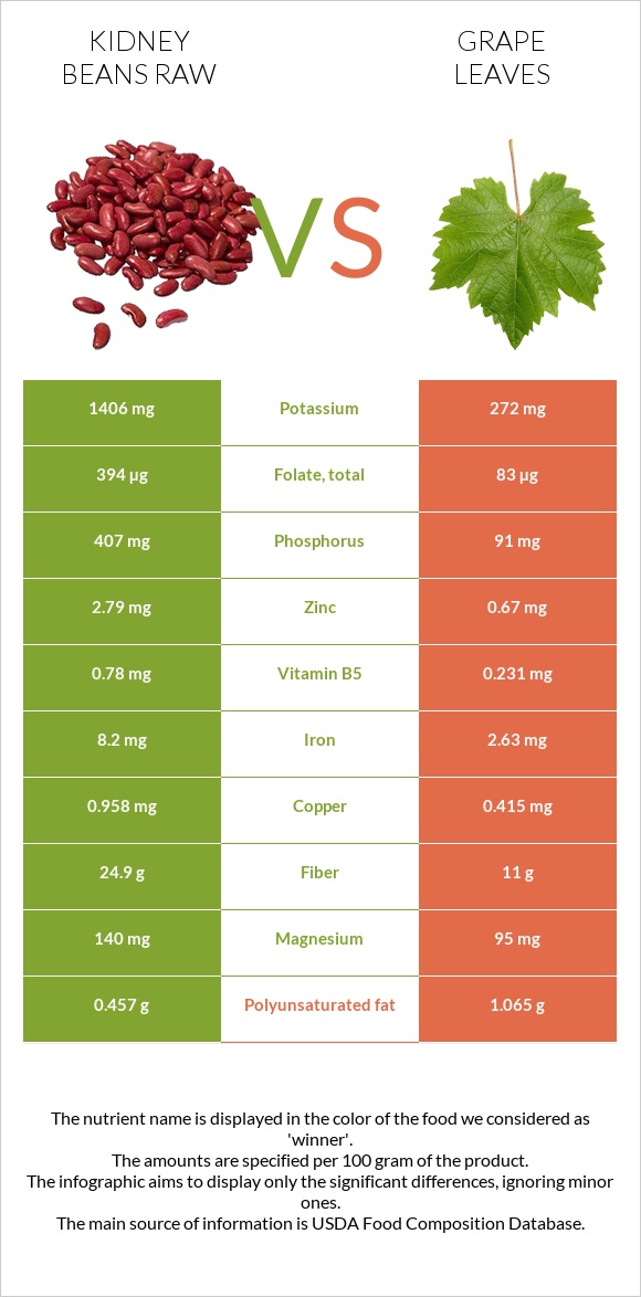 Kidney beans raw vs Grape leaves infographic