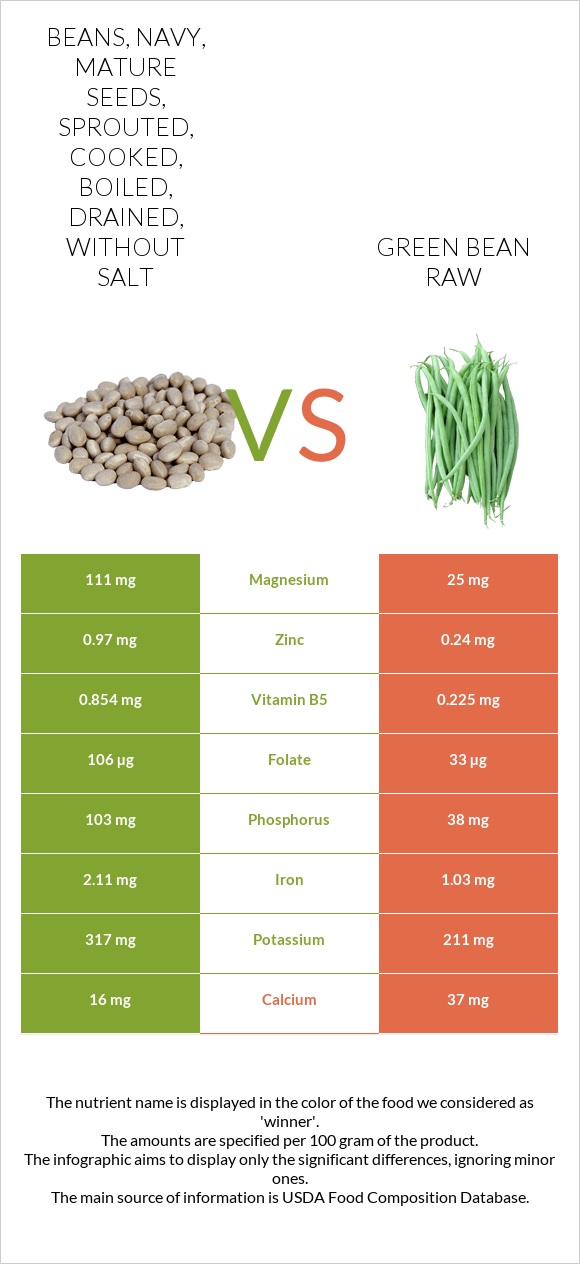 Beans, navy, mature seeds, sprouted, cooked, boiled, drained, without salt vs Green bean raw infographic