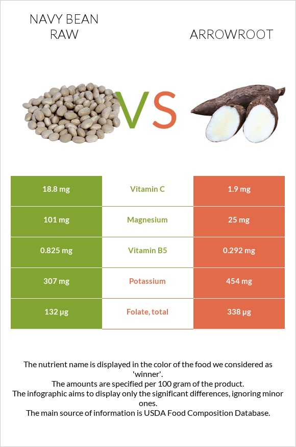 Navy bean raw vs Arrowroot infographic