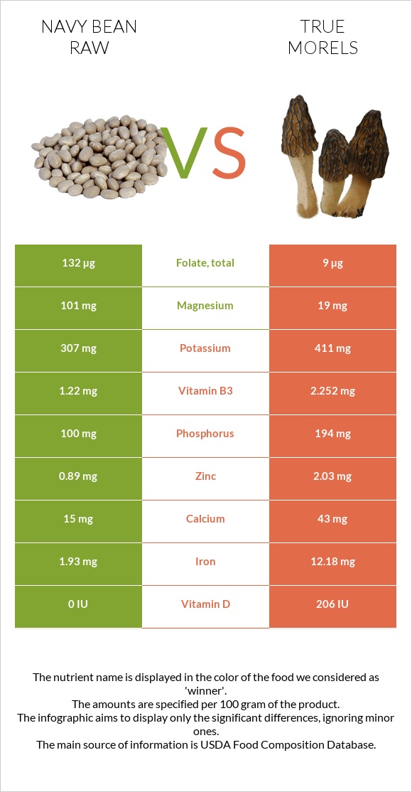 Navy bean raw vs True morels infographic