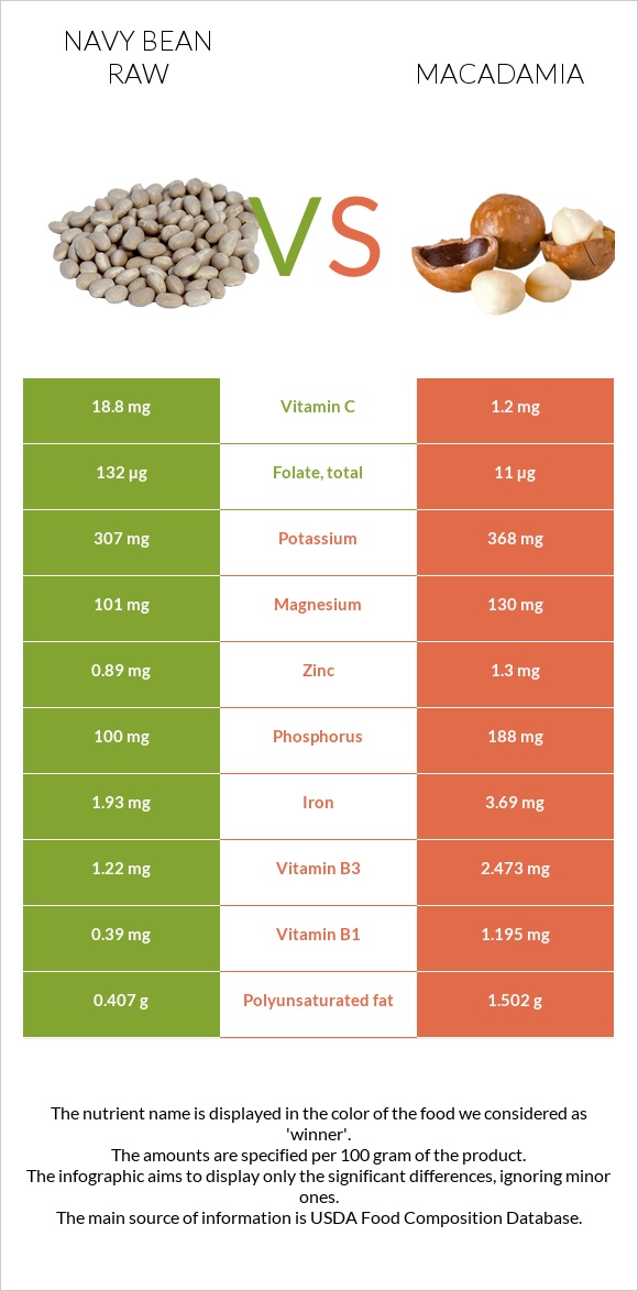 Լոբի սպիտակ նևի հում vs Մակադամիա infographic