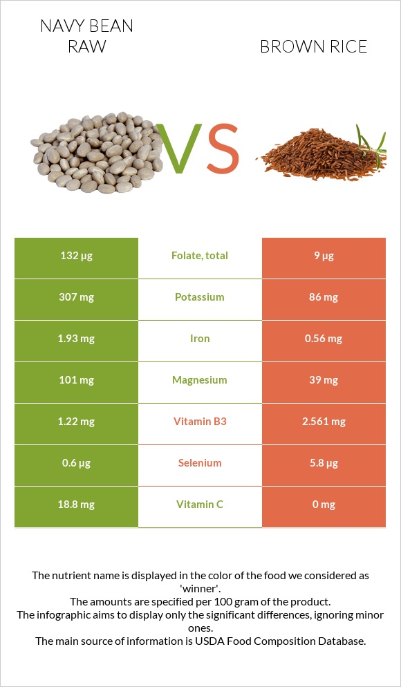 Navy bean raw vs Brown rice infographic