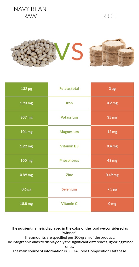 Navy bean raw vs Rice infographic