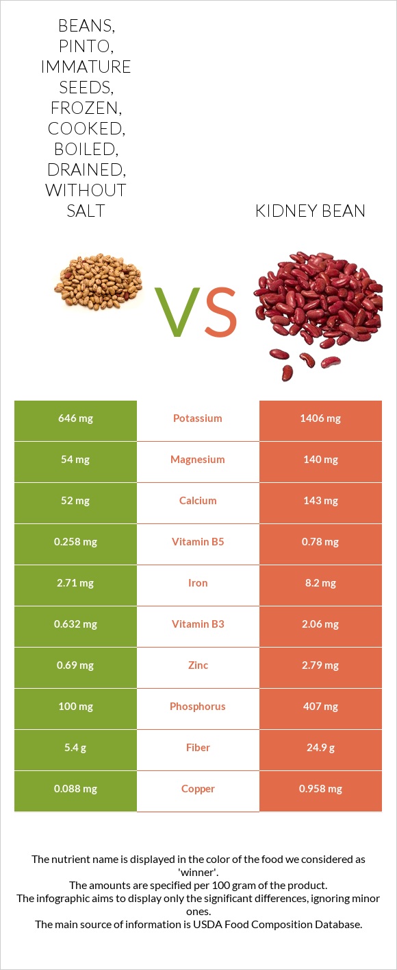 Beans, pinto, immature seeds, frozen, cooked, boiled, drained, without salt vs Kidney beans raw infographic