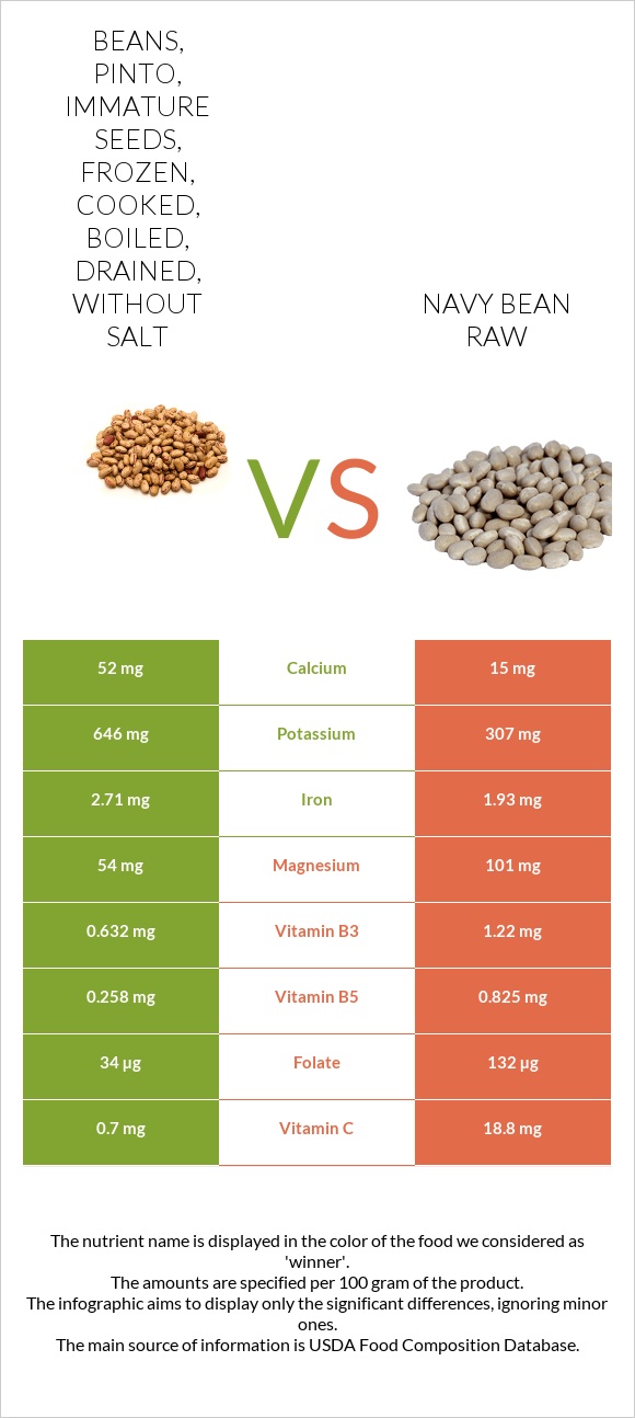 Beans, pinto, immature seeds, frozen, cooked, boiled, drained, without salt vs Navy bean raw infographic