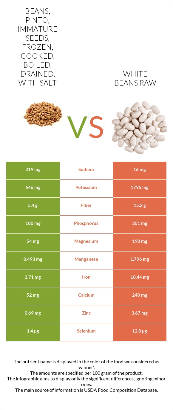 Beans, pinto, immature seeds, frozen, cooked, boiled, drained, with salt vs White beans raw infographic