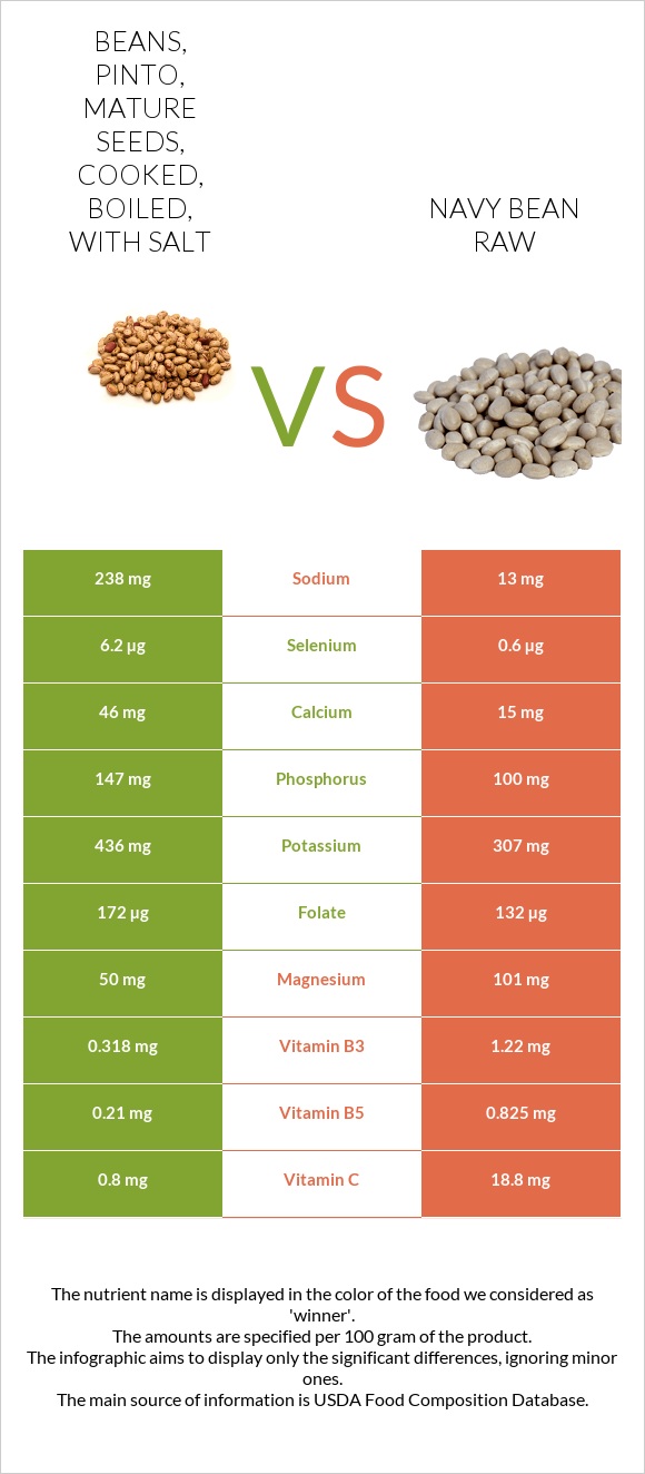 Beans, pinto, mature seeds, cooked, boiled, with salt vs Navy bean raw infographic