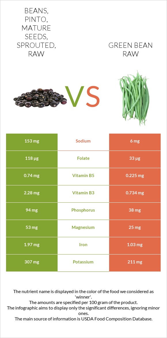 Beans, pinto, mature seeds, sprouted, raw vs Green bean raw infographic