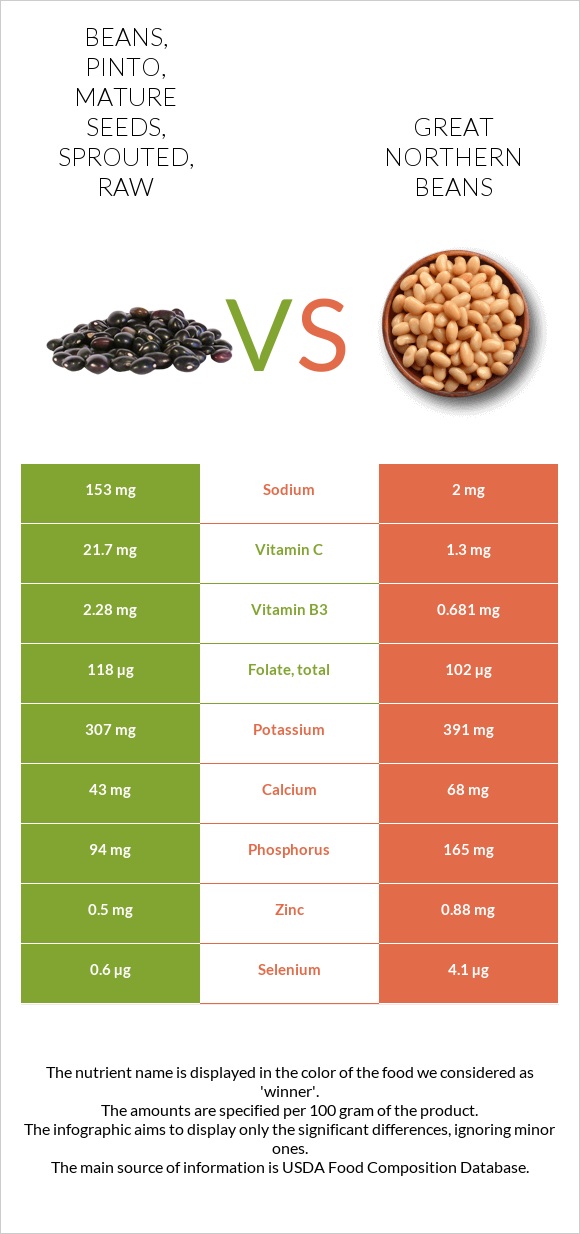 Beans, pinto, mature seeds, sprouted, raw vs Great northern beans infographic