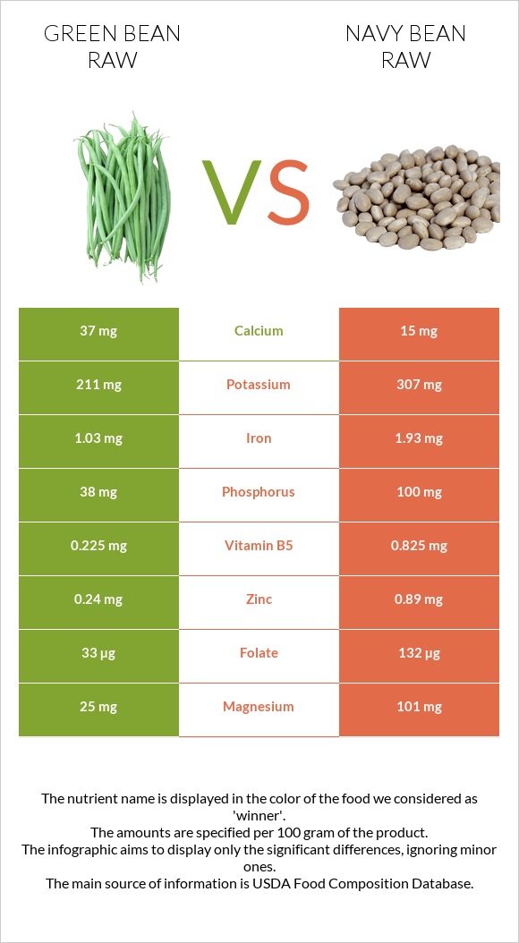 Green bean raw vs Navy bean raw infographic